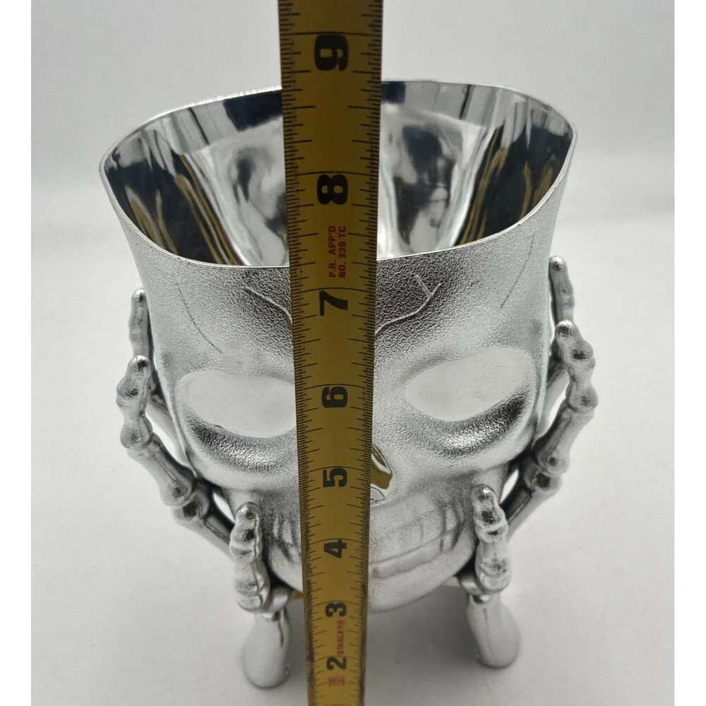 Halloween Skeleton Skull In Hands Candy Planter Bowl Silver Tone NWT 5” X 7”